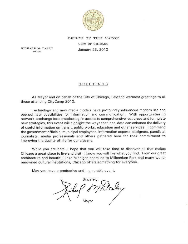 City Camp Welcome Letter, Richard M. Daley
