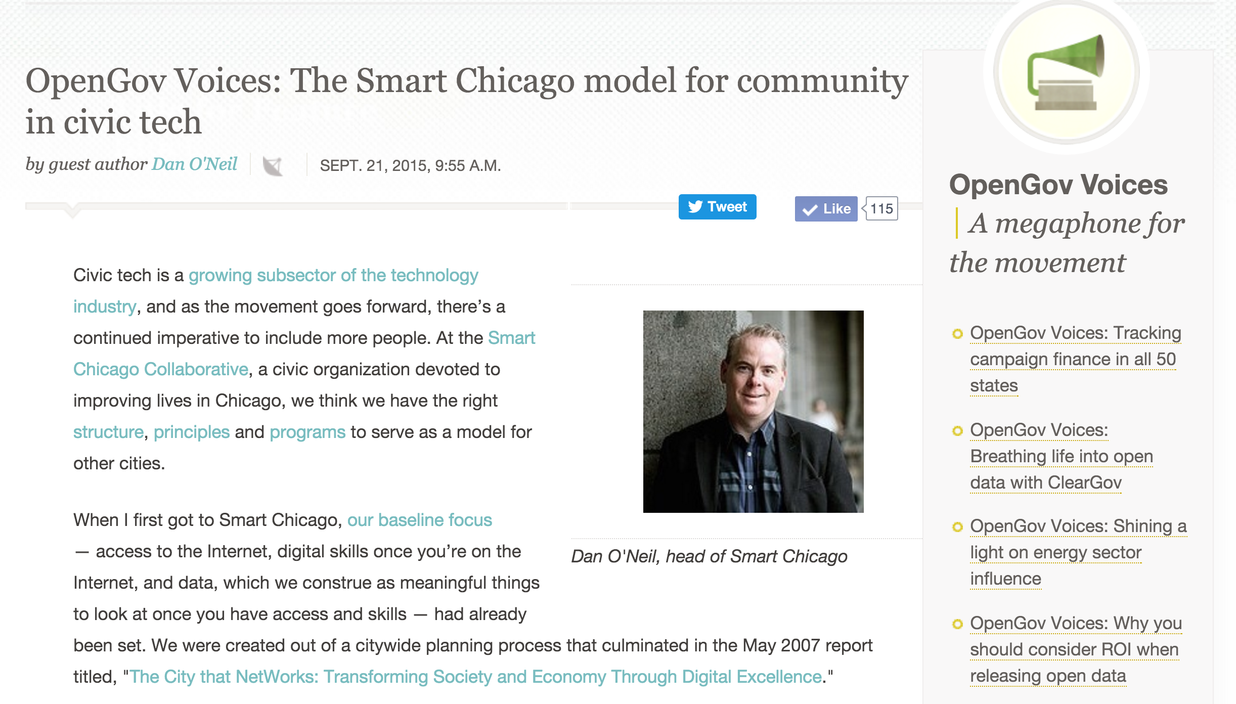Writing: OpenGov Voices: The Smart Chicago model for community in civic tech