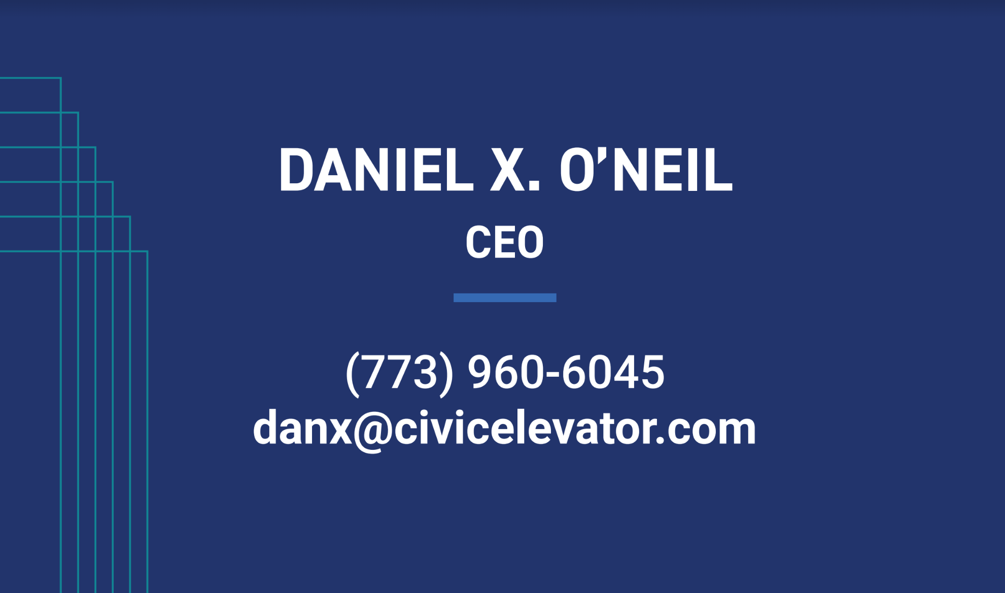 Blue business card of Daniel X. O'Neil, CEO of Civic Elevator