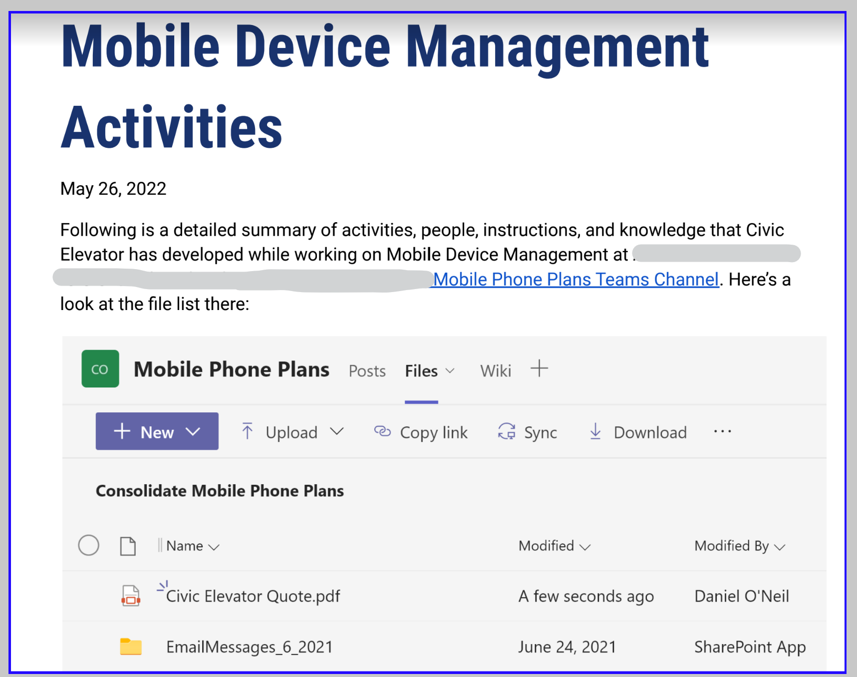Header of a strategy document related to Mobile Device Management at a large customer.